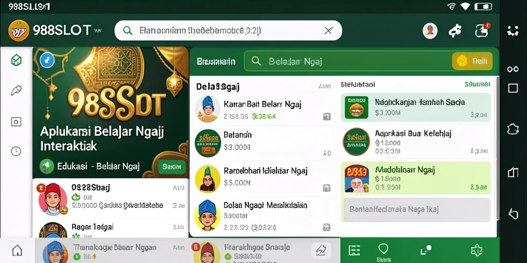 Tampilan antarmuka aplikasi Belajar Ngaji 988SLOT yang interaktif dan menarik.